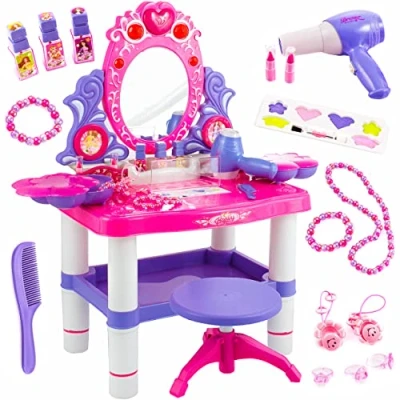Afbeelding van Kinderplay KP2798 make uptafel voor kinderen, meisjes, speelgoed, upkop, speeltafel, roze, met kruk en accessoires, licht, geluid