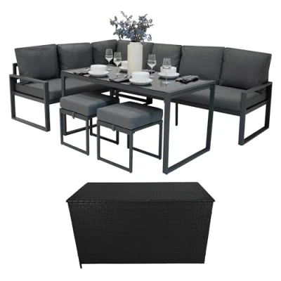 Afbeelding van Tuinmeubel Set Antraciet Grijs Aluminium met Rotan Opbergbox Zwart 7 Zitting Buiten Hoek Loungeset Zitbank Eettafel Krukken Kussens 582L Kist Gasveren Hefmechanisme Draagbaar Waterdichte Regenhoes