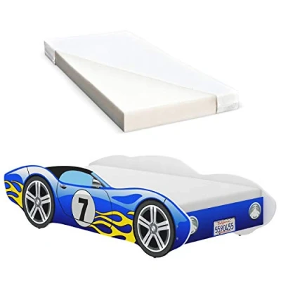 Afbeelding van iGLOBAL Kinderbed Racing Car in autovorm met lattenbodem matras van schuim 140 x 70 cm blauw