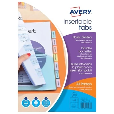 Image de AVERY Double pochettes intercalaires à onglets personnalisables et imprimables, 12 touches, Format A4+ (permet de classer des perforées), En polypropylène coloré translucide