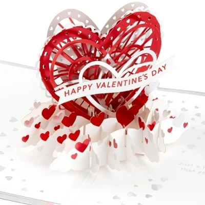 Afbeelding van Hallmark Valentijnsdag kaart 3D pop up hart boog banner rood wit roze