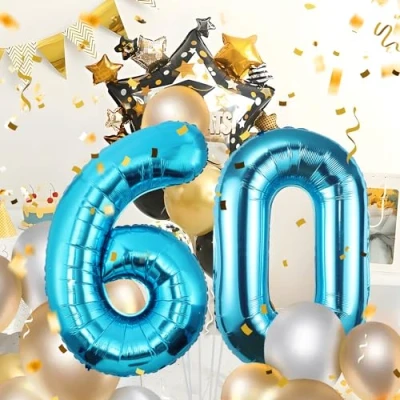 Afbeelding van Ballonnen verjaardag 60 blauw 100 cm ballon cijfer 60, nummer Happy Birthday decoratie, ballonnen, verjaardagsfeest, jaren vliegen dankzij heliumballonnen