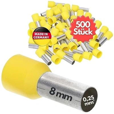 Afbeelding van 500 stuks Kalitec AE02508GE adereindhulzen geïsoleerd 0,25 mm² 12 mm lang geel I Made in Germany Industriële kwaliteit