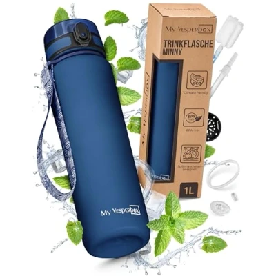 Afbeelding van My Vesperbox Minny Drinkfles voor kinderen, lekvrij, 750 ml, met rietje of zeef, lichte Tritan waterfles, BPA vrij, kleuterschool, school (donkerblauw, ml)