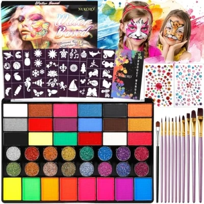 Afbeelding van Vautvis make uppalet voor kinderen, 42 kleuren, gezichtsverf met 11 kwasten, 4 upsjablonen, 2 stickers, lichaamsverf, Halloween, Kerstmis