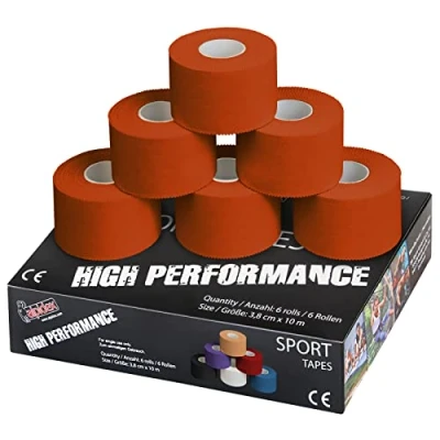 Afbeelding van ALPIDEX 6 x sporttape, 3,8 cm 10 m, verschillende kleuren, gewrichten, band, niet elastisch, handbal, voetbal, volleybal, kleur: oranje