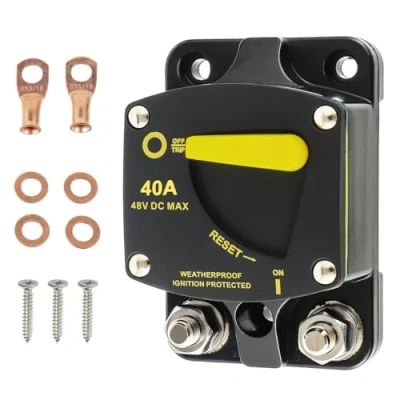 Afbeelding van HUAREW 40A Marine stroomonderbreker met handmatige resetknop 12V 48V DC voor boot, trolling, camper, jacht, metalen ogen, koperen schijfschroeven