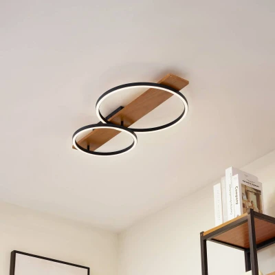 Afbeelding van Lindby LED plafondlamp Galad, zwart, hout, 2 lamps, 75 cm