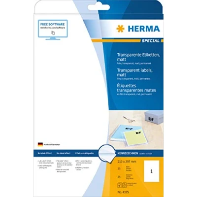 Afbeelding van HERMA 25 vellen zelfklevende etiketten van transparante folie, weerbestendig, 210 x 297 mm, 1 per A4 vel, zelfklevend, bedrukbaar, mat, blanco,