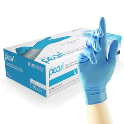 Afbeelding van UNIGLOVES Blu Pearl Nitril onderzoekshandschoenen multifunctionele wegwerphandschoenen, poedervrij en latexvrij, doos met 100 handschoenen, blauw, maat M (GP0013)