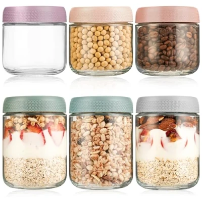 Afbeelding van glazen pot met deksel, set van 6 potten, overnight oats voor haver, salade, yoghurt, pudding, chutney, jam, voorbereiding maaltijden,