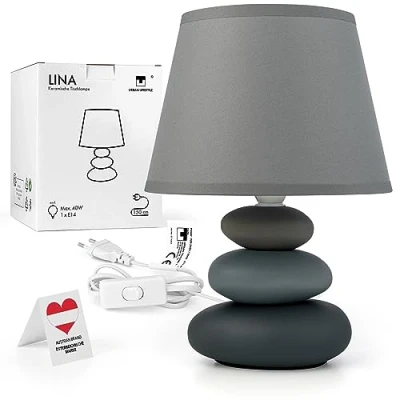 Afbeelding van Urban Lifestyle Nachtlampje &quot;Lina&quot; (lichtgrijs/mat) Keramische Tafellamp met stoffen kap geschikt voor LED E14 230V Banklamp