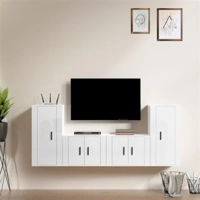 Afbeelding van 4 delige Tv meubelset bewerkt hout hoogglans wit