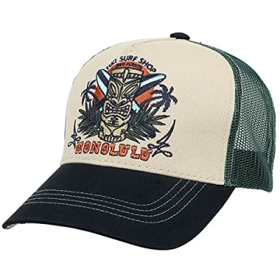 Afbeelding van King Kerosin Trucker Pet voor heren, patch aan de voorkant, mesh, Hawaiian Tiki Honolulu, Beige