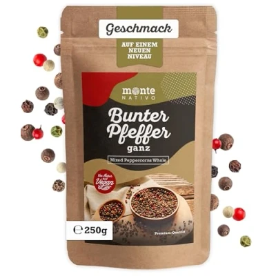 Image de Monte Nativo Grains de poivre multicolores (250 g), poivres colorés entiers, parfaits pour la cuisson, mélange noir, blanc, rose et vert, idéal le moulin