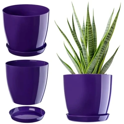 Afbeelding van KADAX Elegante Bloempot, Plantenpot met Schotel, Ronde Plastic Bloempotdeksel, Indoor Bloempot Ø 16 cm Paars