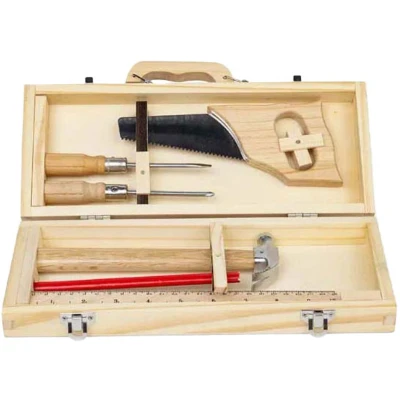 Afbeelding van Bigjigs Toys Boîte à outils de bricolage, 6 en bois pour enfants, véritables kits construction adaptés aux coffrets cadeaux écologiques filles et garçons, partir 5 ans