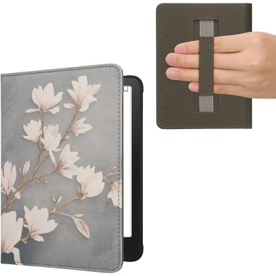 Afbeelding van kwmobile E reader hoesje geschikt voor Amazon Kindle Paperwhite (2024)/Colorsoft hoes flip case met magneetsluiting Ereader cover Magnolia design in taupe / wit blauwgrijs
