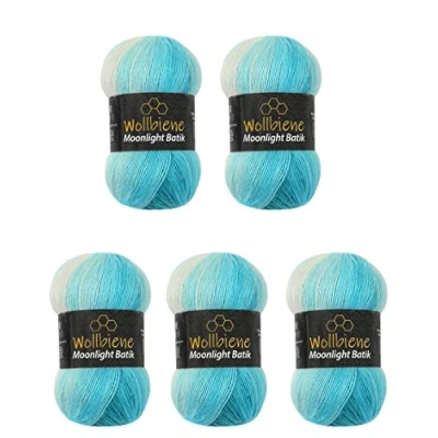 Afbeelding van Wollbiene Moonlight Batik Breiwol, 5 x 100 g, totaal 500 20% Turkse wol, kleurverloop, 5200 petrol, turquoise, wit