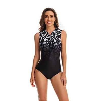 Afbeelding van BEACHKINI Femmes Zip Up Surfwear Maillot de Bain à Manches Longues récréatif Une pièce Rash Guards,01 Gradient Lettre,XL