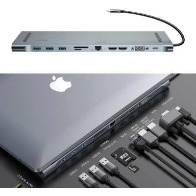 Afbeelding van Adapter 11in1 Baseus Enjoyment HUB USBC to 2x HDMI 3x USB 3.0 VGA RJ45 PD SDmicroSD 3.5mm jack