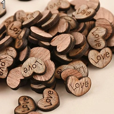 Afbeelding van Set van 100 houten harten in rustieke stijl met opschrift &quot;Love&quot; voor tafeldecoratie, knutselen
