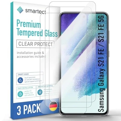 Afbeelding van smartect Gehard glas [3 stuks, helder] voor Samsung Galaxy S21 FE / 5G, displaybescherming van HD glas, krasbestendig, zonder luchtbellen, hardheid 9H, 0,3 mm, ultra transparant, zeer robuust