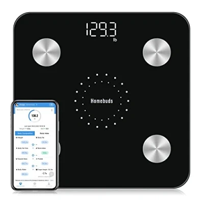 Afbeelding van Homebuds Digitale Bluetooth lichaamsvetweegschaal met app sinds 2001 voor lichaamsvet, BMI, gewicht, spiermassa, water, eiwitten, BMR, 180 kg, zwart