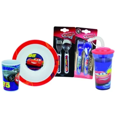 Afbeelding van DISNEY CARS Kinderserviesset met 1 glas 220 ml, diep bord Ø 16 cm, rietje 400 ml en 2 sets deksels, hoogte 13,5 herbruikbaar servies
