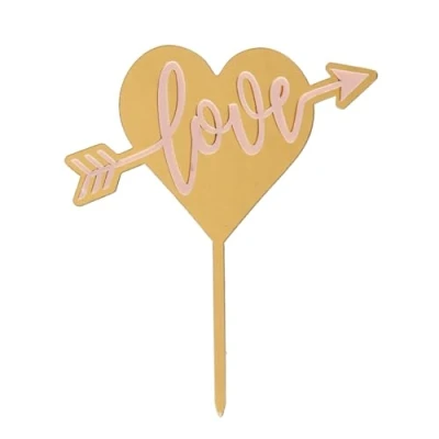 Afbeelding van dekora Love Heart topper Taartdecoratie geschikt voor contact met levensmiddelen Kunststof het versieren van taarten of cakes Goud en roze Afmetingen 13 x 11 cm