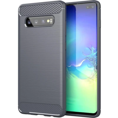 Afbeelding van Cadorabo Hoesje geschikt voor Samsung Galaxy S10 4G in BRUSHED GRIJS Beschermhoes van flexibel TPU siliconen roestvrij staal carbonvezel look Case Cover
