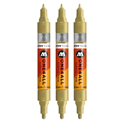 Afbeelding van Molotow One4All Twin acryl markers (lijndikte 1,5 mm en 4 mm, hoge dekking permanent) kleur 228 metallic goud 3 stuks
