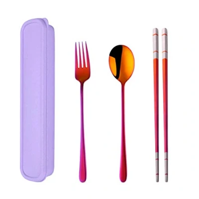 Afbeelding van SBOMHS Lepel, vork, eetstokjes, 3 delig, campingbestek, 18/10, roestvrij staal, buitenbestek, ideaal voor kamperen, picknick, festivals en reizen (zonnerood)