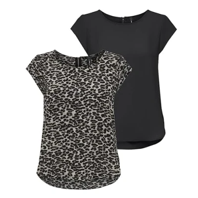 Afbeelding van ONLY Onlvic S/S Solid AOP Top Ptm T shirt voor dames, korte mouwen, Set van 2 (Pack B: Black/Pumice Stone Leo Print)