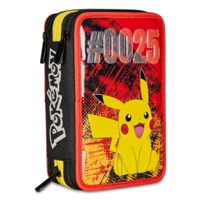 Afbeelding van Seven PIKACHU Schooltas met 3 vakken, Pokemon, geelrood, pennenhouder meerdere vakken potloden, pennen en kleuren, geel, Taglia Unica, modern, Geel., Modern
