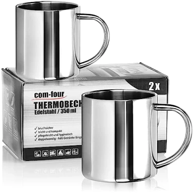 Afbeelding van COM FOUR® 2 x roestvrijstalen thermische mok 350 ml per kopje dubbelwandige isolerende onbreekbare koffiemok drinkbeker vaatwasmachinebestendig (350 ml)