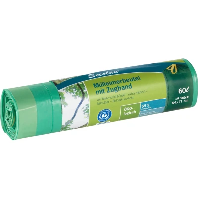 Afbeelding van 1x15 Secolan Pedaalemmerzakken met trekband 60 l groen