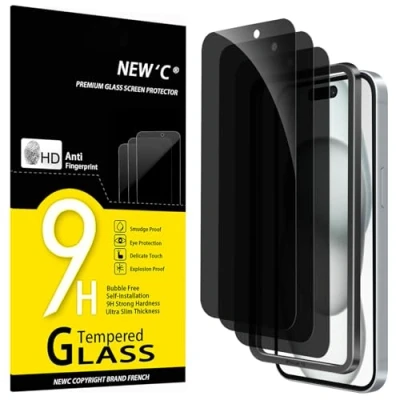 Afbeelding van NEW&#039;C Lot de 3, Verre Trempé Anti Espion pour iPhone 15 (6,1 Pouces) Protection écran efficace contre les Rayures Sans Bulles Ultra Résistant Outil d&#039;installation facile inclus