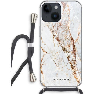 Afbeelding van Case Company® hoesje met Koord geschikt voor iPhone 14 Goud marmer Telefoonhoesje Zwart Extra Bescherming aan alle Kanten en Over de Schermrand