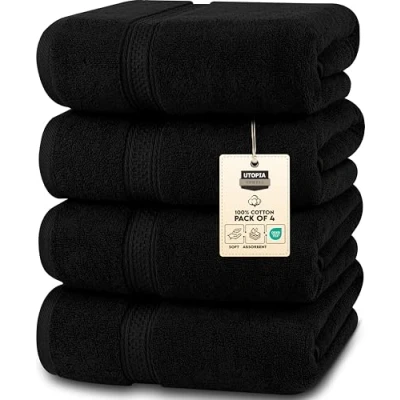 Afbeelding van Utopia Towels Set van 4 hoogwaardige badhanddoeken 100% gekamd katoen, sneldrogend, zeer absorberend, zachte handdoeken, perfect voor dagelijks gebruik, 69 x 137 cm (zwart)