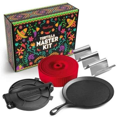 Afbeelding van Uno Casa Master Kit 20,3 cm tortillapers met Comal pan, 4 taco houders en tortillaverwarmer Uniek cadeau voor vrienden of familie