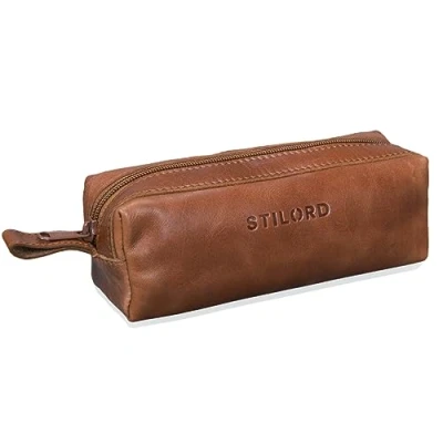 Afbeelding van STILORD &#039;Linus&#039; lederen pennenetui vintage etui pennen pennenhouder school mannen en vrouwen, Cognac Glanzend, Classic