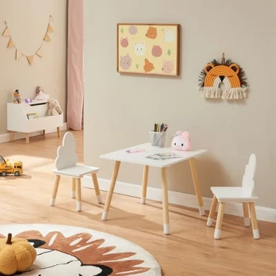 Afbeelding van Kindertafelset Hovle met 2 stoelen wolkdesign wit en naturel [en.casa]