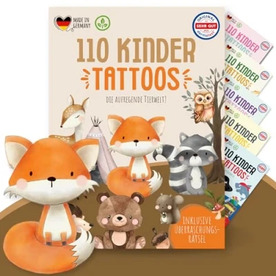 Afbeelding van MeinBaby123 110 stuks kindertatoeages, huidvriendelijke tatoeages met schattige dieren, voor kinderen, om op te plakken, cadeau veganistisch en gemaakt in Duitsland, 1 x