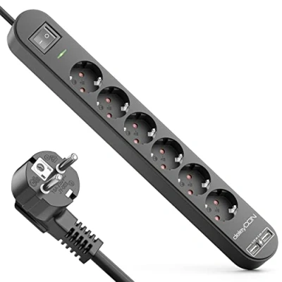 Afbeelding van deleyCON 5 m stekkerdoos met 6 vakken USB, x geaarde stopcontacten, 2 USB A oplaadaansluiting, bijv. mobiele telefoon en tablet, overspanningsbeveiliging, aan/uit knop, zwart