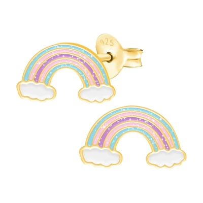 Afbeelding van Zilveren oorbellen meisje Gold plated oorstekers, regenboog in pastelkleuren met glitters