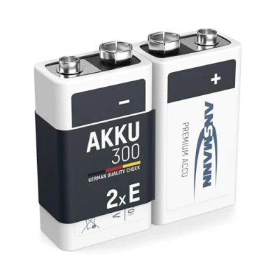 Afbeelding van ANSMANN 6LR61 9V 300 mAh NiMH oplaadbare batterijen (2 stuks) 9 V voeding met lage zelfontlading en hoge capaciteit ideaal voor rookmelder, speelgoed, radio&#039;s enz.