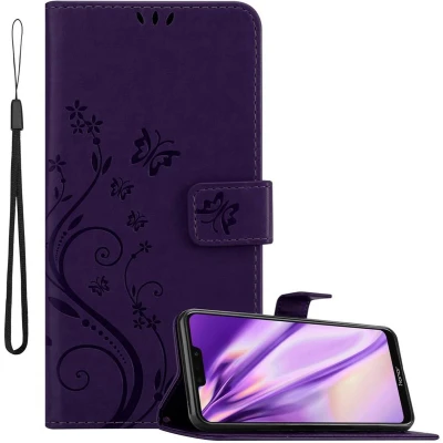 Afbeelding van Cadorabo Hoesje geschikt voor Honor 8C in BLOEMEN DONKER PAARS Beschermhoes bloemmotief met magnetische sluiting, standfunctie en kaartsleuven Book Case Cover Etui