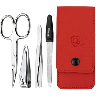 Afbeelding van marQus Solingen Duitsland Manicureset 4 delig inclusief schaartje, nagelvijl, nagelknipper en pincet met koffer perfect voor hem of haar thuis op reis , Rood