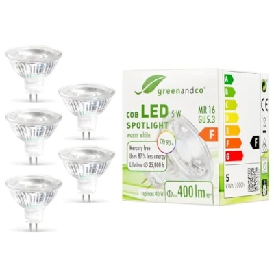 Afbeelding van 5x greenandco®, IRC 90+, LED spot, MR16, GU5.3, 5 W, vervangt 40 400 lm, 3000 K, warmwit, COB LED, 38 graden, 12 V AC/DC, niet dimbaar